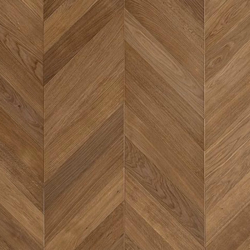 Parquet à chevron en chêne, fumé, brossé, teinté, verni.