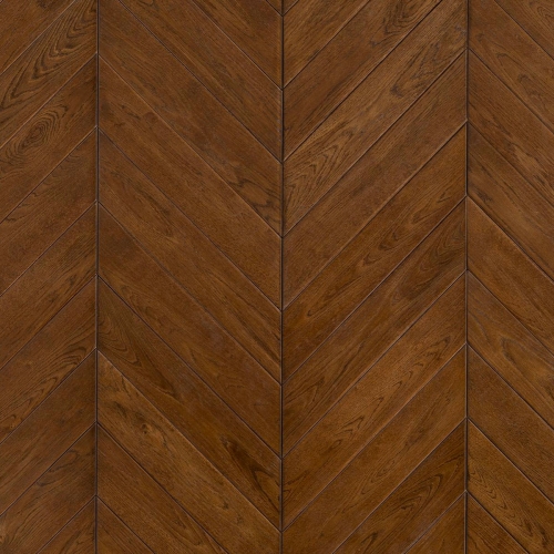 Parquet à chevron en chêne, fumé, vieilli, creusé à la main, teinté, verni.