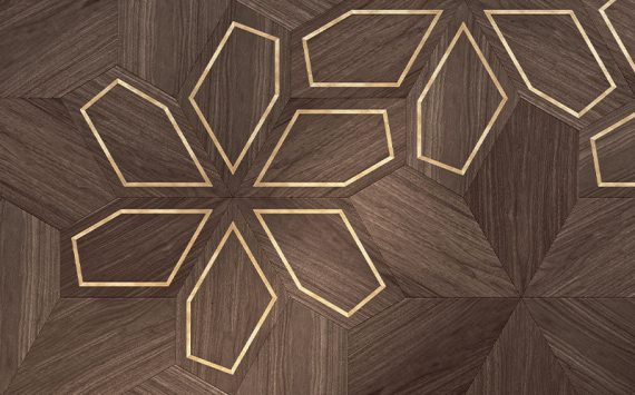 Parquet géométrique modulaire design marqueté à la main, proposé avec des inserts en marbre ou en métal.