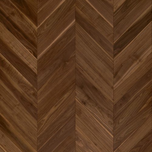 Parquet à chevron en noyer américain, prépoli, verni.
