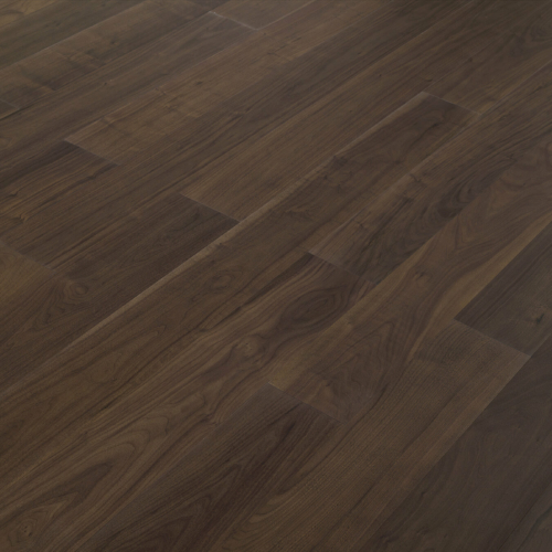 Engineered wood planks floor in American Walnut, brushed, stained, varnished.