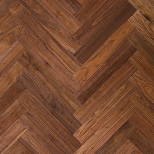 Herringbone 90° wood floor in American Walnut: brushed, varnished.