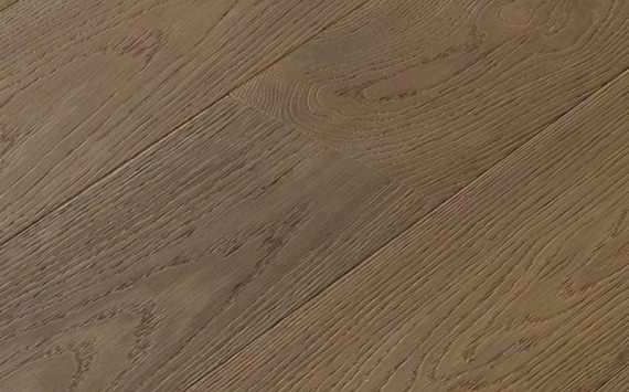 Engineered wood planks floor in Oak: smoked, brushed, stained, varnished.